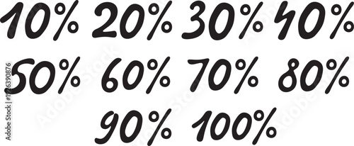 Hand drawn brush percentage numbers set 10% to 100%, black handwritten percent symbols