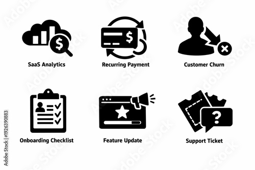 Saas icons: analytics, payments, customer engagement, onboarding, updates, support