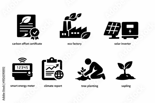 Eco initiatives illustration: carbon offset, eco factory, solar, energy meter, climate, tree planting