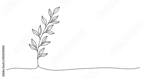 Minimalist single drawing of a delicate plant sprout emerging from the ground.