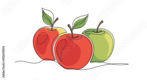 Minimalist Single Drawing of Three Apples, Two Red and One Green, Isolated
