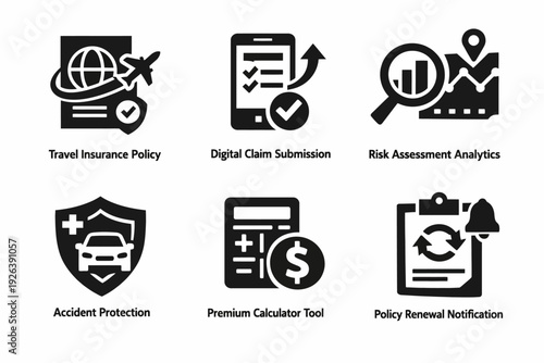 Travel insurance icons: policy, claims, risk, protection, premiums, and notifications