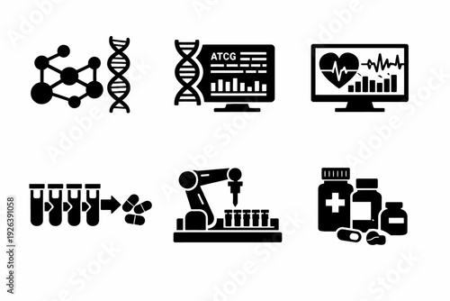 Biotechnology and medical research symbols including dna molecules and lab equipment
