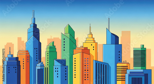 Vibrant cityscape with modern skyscrapers in bright colors