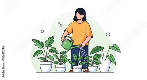 Person Watering Houseplants in a Modern Apartment with Abstract Background