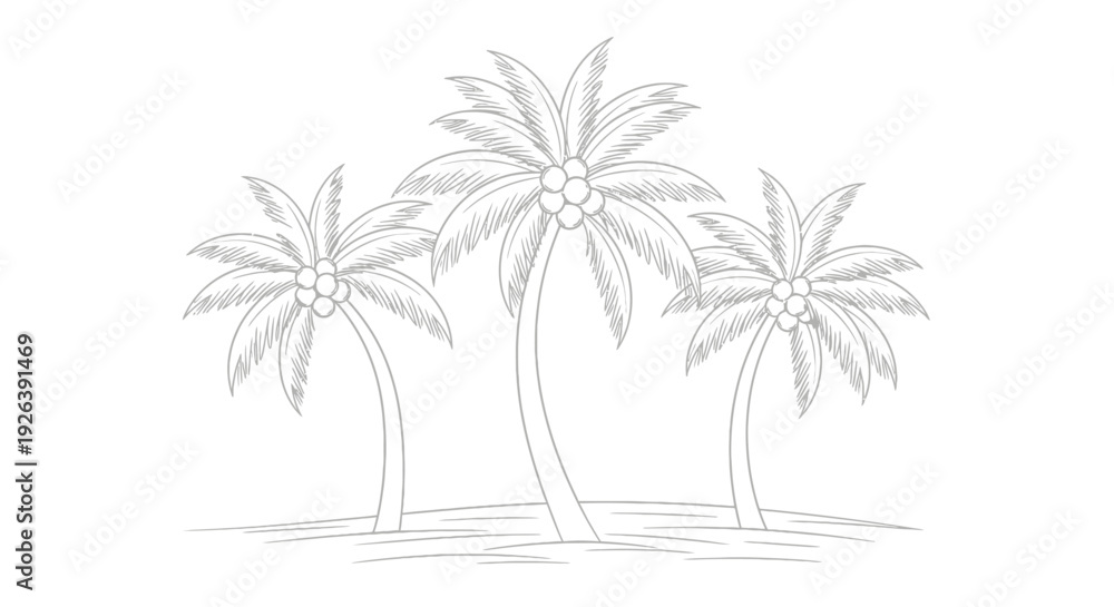 Obraz premium A detailed line drawing of three palm trees with coconuts, set against a simple ground.