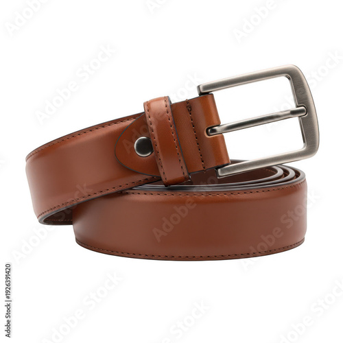 A brown leather belt with a silver buckle isolated on white background
