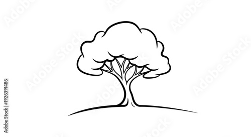 A simple black and white line drawing of a tree with a full canopy and visible branches.