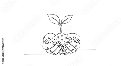 A delicate seedling sprouts from a mound of soil cradled in a pair of cupped hands, symbolizing growth and new beginnings.