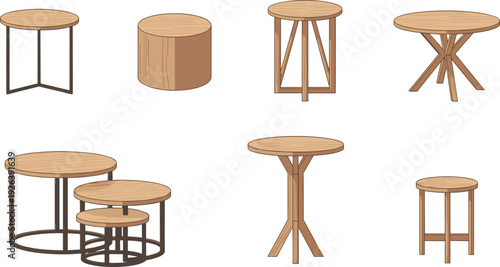Wooden Coffee Table Set with Round Side Tables Modern Interior Furniture Flat Vector Illustration.