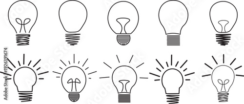 Light bulb outline vector icon set collection, thin line idea lamp symbols with rays for innovation concept design