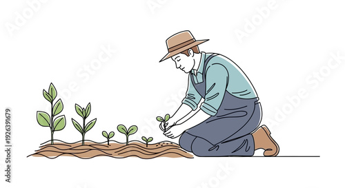 A farmer kneels down to plant a small seedling in a row of growing plants, illustrating the process of agriculture and growth.