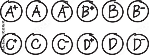 School grade badges A+ to D- black outline education rating vector icons