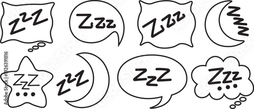 Sleep symbols outline set with ZZZ text, speech bubbles and moon icons