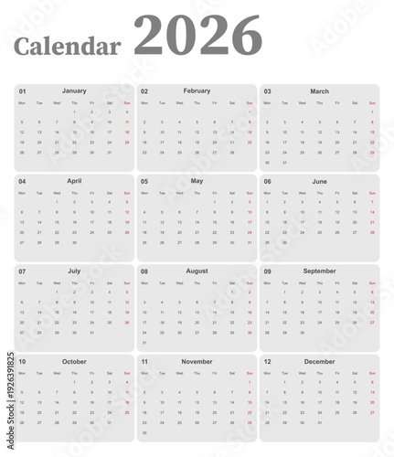 Minimal 2026 calendar template with clean layout and week starting Monday.
