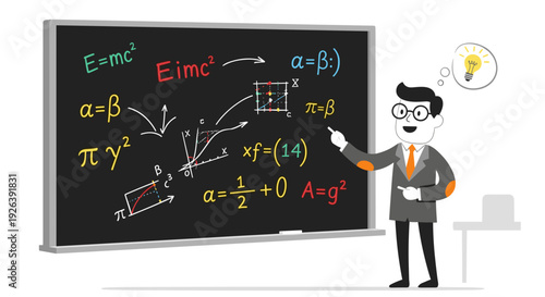 Cartoon Teacher Explaining Complex Math Formulas.