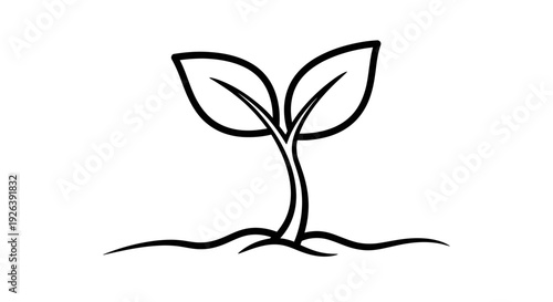 A simple black and white line drawing of a young plant sprouting from the soil.