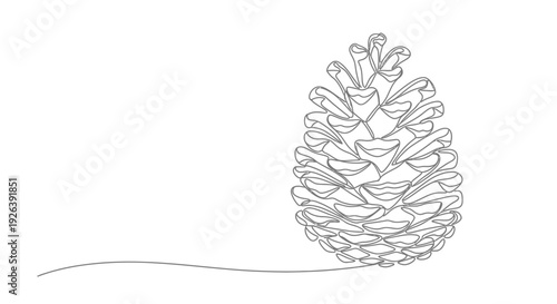 A detailed line drawing of a pine cone with a single curved line extending from its base on a white background.