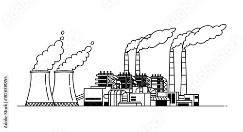 Illustration of a large industrial power plant with multiple cooling towers and smokestacks emitting plumes of steam against a white background.