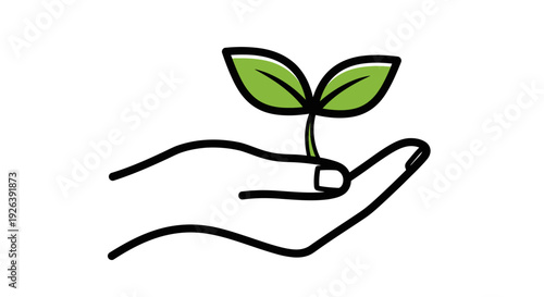 A hand gently cradles a small green seedling with two leaves, symbolizing growth and care.