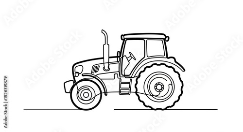 A detailed line drawing of a modern agricultural tractor with large rear wheels and a cab.