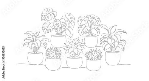 A line art illustration showcasing a collection of various potted houseplants arranged in a pleasing composition.