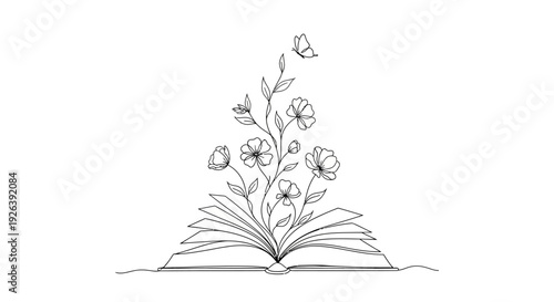 An open book with a delicate line drawing of a flowering plant and a butterfly emerging from its pages, symbolizing growth and imagination.