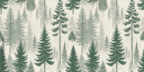 A serene repeating pattern of tall evergreen trees against a light background Vector