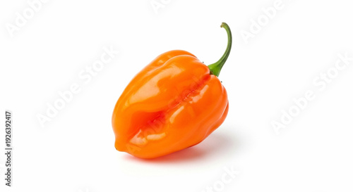 This is a photo of a single orange scotch bonnet pepper on white background