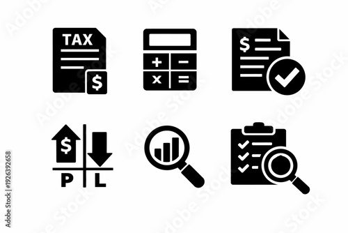 Finance and taxation icon set: calculator, documents, analytics, profit and loss, checklist
