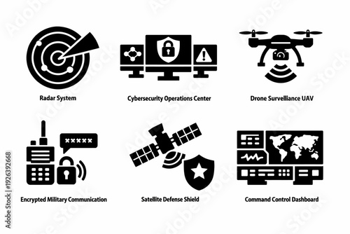 Radar system and cybersecurity icons featuring uav, satellite, and command control elements