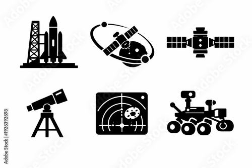 Space exploration icons: rocket, satellite, telescope, radar, rover