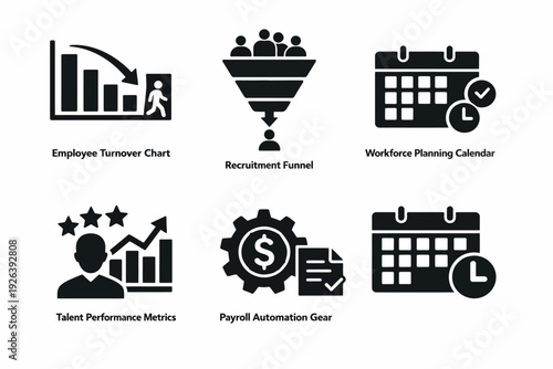 Business strategy icons: employee turnover, recruitment funnel, calendar, performance metrics