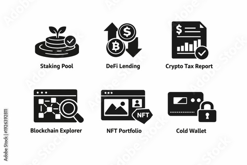 Cryptocurrency icons: staking, defi lending, crypto tax, blockchain, nft, cold wallet