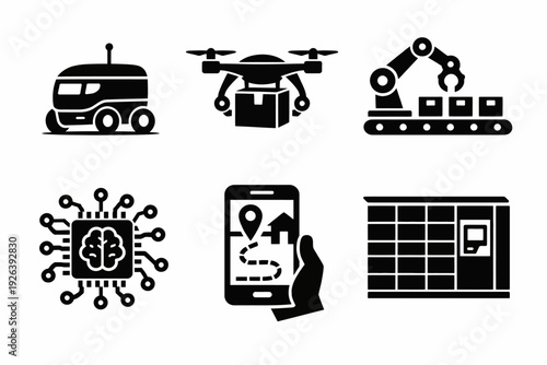 Autonomous delivery robotics and ai technology icons