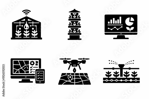 Smart farming technology: hydroponics, drones, and data in agriculture icons