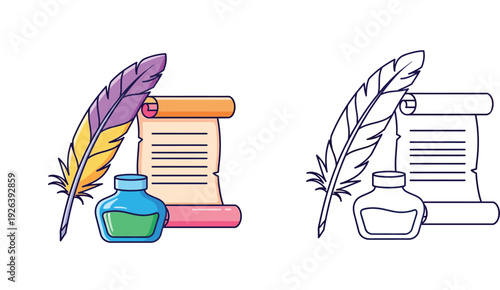 Vintage quill pen, inkwell, and parchment scroll vector illustration. Cute cartoon writing set with colored and black and white outline versions for kids coloring book page design.