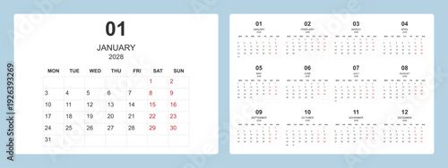 2028 calendar template with modern minimal layout and week starting Monday.