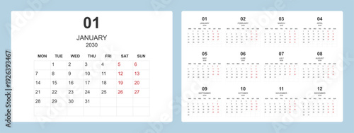 2030 calendar template with clean and modern minimal design, week starting Monday.