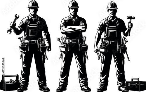 Black and white vector silhouette set of three male construction workers wearing hard hats and tool belts holding hand tools.