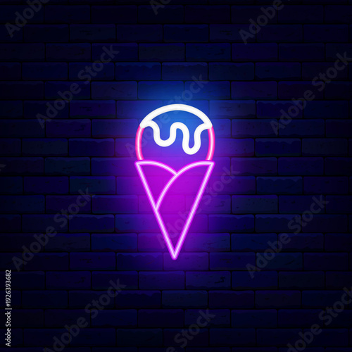 Ice cream cone neon icon. Melting glaze. Frozen sweet dessert. Milky product. Bright candy shop. Editable stroke. Vector stock illustration