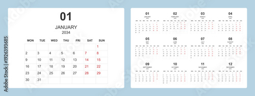 2034 calendar template with clean and modern minimal design, week starting Monday.