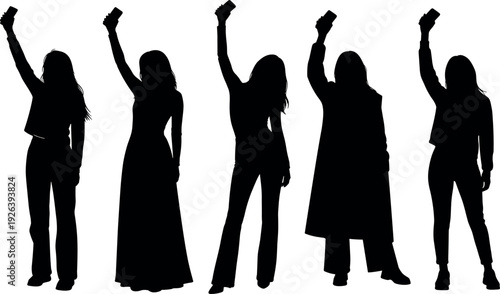 Silhouettes of five women holding smartphones up in the air taking selfies or recording video vector illustration isolated on white