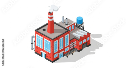 Red Factory Building with Chimney.