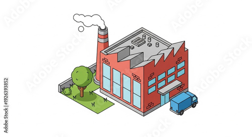 Red Factory Building with Chimney.