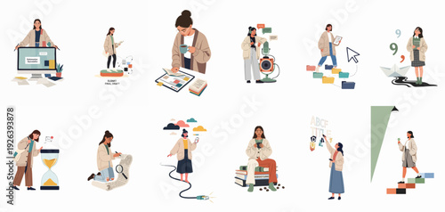 Illustrations of modern women engaging in creative work, digital content creation, academic pursuits, and professional development, representing various stages of learning and productivity.