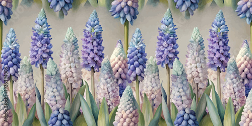 A vibrant and repetitive pattern of blooming lavender flowers against a neutral background Vector