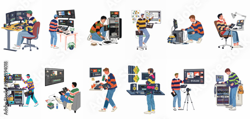 Video Editing and Post-Production Workflow Illustrations: Men Working with Audio and Visual Equipment for Creative Media Projects