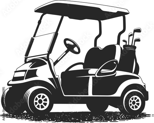 Black and white golf cart vector illustration with roof steering wheel seats and golf clubs detailed wheels and grassy surface ideal for sport recreation and transportation artwork