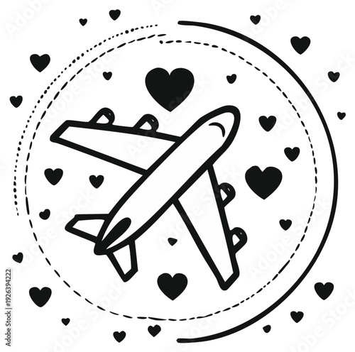 Outline drawing of an aircraft surrounded by floating hearts representing a loving journey
